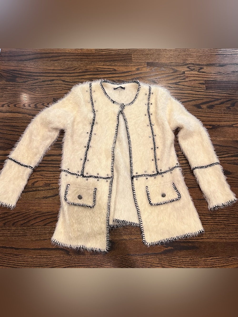 Slonl Cream Fuzzy Knit Cardigan with Black Trim